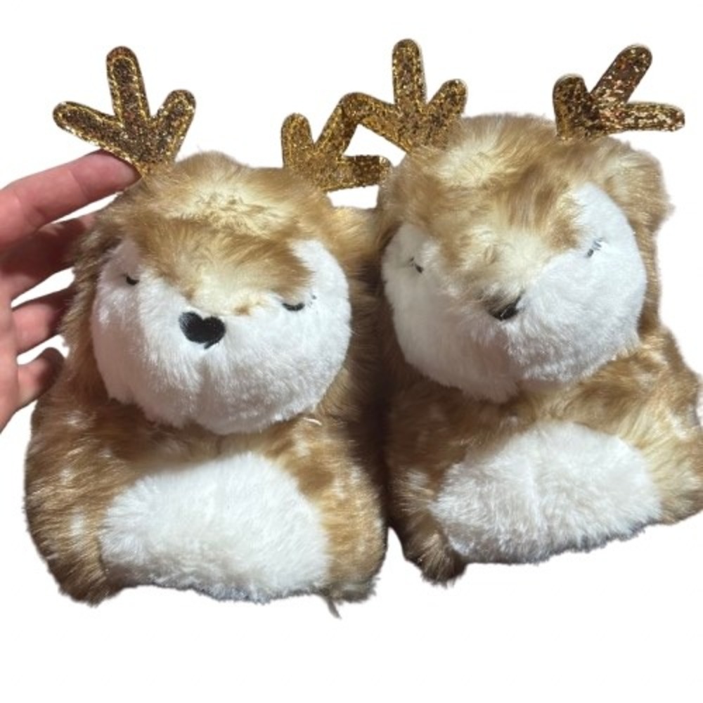FabKids Girls Reindeer Plush Slippers Size 2/3 Gold Glitter Antlers New w/o Tags